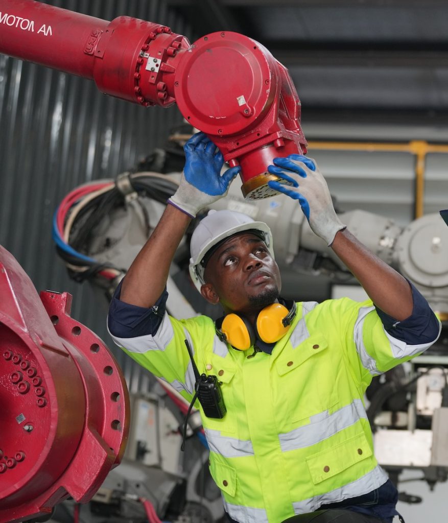Robotic Arm modern industrial technology. Industrial robots production, leaders in safety